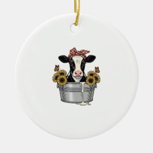 Vintage Cow in Tub Sunflower Butterfly Vector Desi Ceramic Tree Decoration