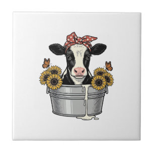 Vintage Cow in Tub Sunflower Butterfly Vector Desi Tile