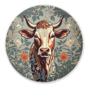 Vintage Cow William Morris Inspired Floral Ceramic Knob