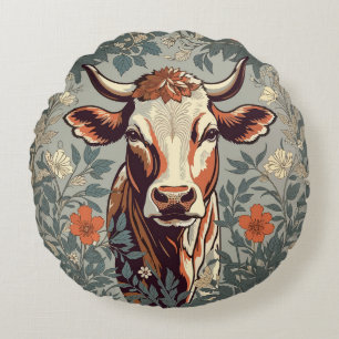 Vintage Cow William Morris Inspired Floral Round Cushion
