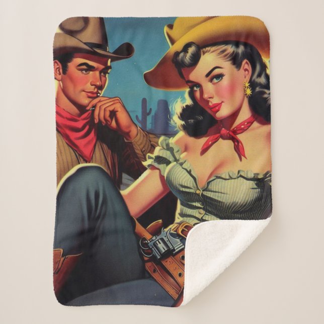 Vintage Cowboy and Cowgirl Sherpa Blanket (Front)