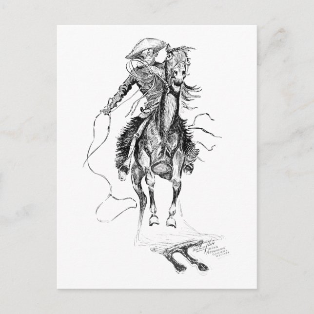 Vintage Cowboy and Horse Illustration Postcard (Front)