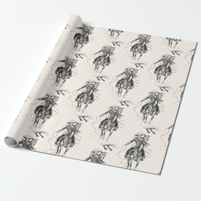 Vintage Cowboy and Horse Illustration Wrapping Paper (Unrolled)