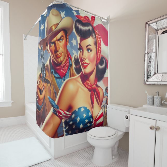 Vintage Cowboy and Pin Up Shower Curtain (In Situ)