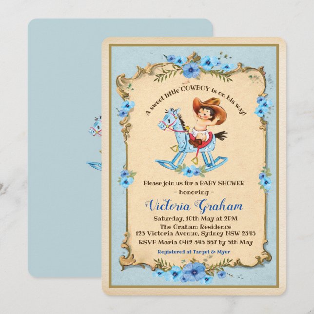 Vintage Cowboy Baby Shower Invitation Blue Floral (Front/Back)