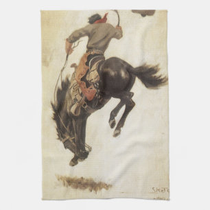 Vintage Cowboy, Bronco Buster Study by NC Wyeth Tea Towel