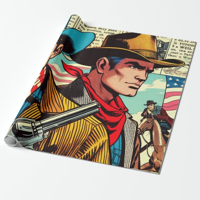 Vintage Cowboy Comics Wrapping Paper (Unrolled)