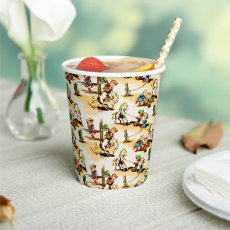 Vintage Cowboy Cowgirl Country Kids Pony Cactus Co Paper Cups