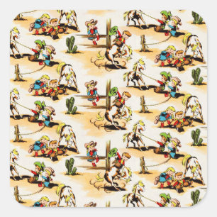 Vintage Cowboy Cowgirl Country Kids Pony Cactus Square Sticker