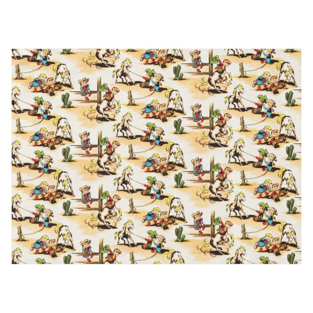 Vintage Cowboy Cowgirl Country Kids Pony Cactus Tablecloth (Front (Horizontal))