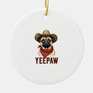 Vintage Cowboy Pug YeePaw Western Dog Illustration Ceramic Tree Decoration