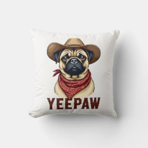 Vintage Cowboy Pug YeePaw Western Dog Illustration Cushion