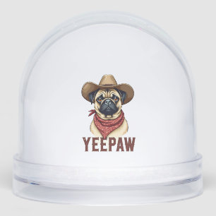 Vintage Cowboy Pug YeePaw Western Dog Illustration Snowglobe