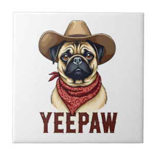 Vintage Cowboy Pug YeePaw Western Dog Illustration Tile
