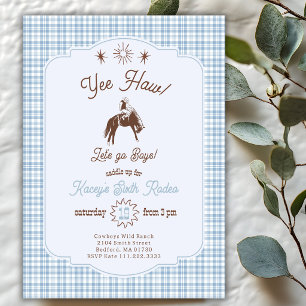 Vintage Cowboy Rodeo Blue Plain Boys Birthday Invitation