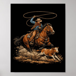 Vintage Cowboy Roping Calf Rodeo Country Western Poster
