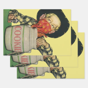 Vintage Cowboy Toy Gun Hand in the Cookie Jar Wrapping Paper Sheet