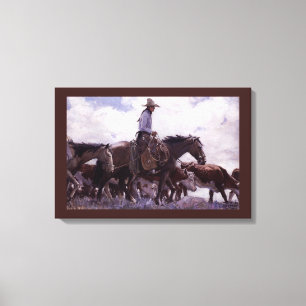 Vintage Cowboy with His Herd of Cattle by Koerner Canvas Print