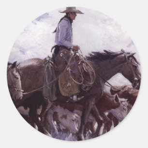 Vintage Cowboy with His Herd of Cattle by Koerner Classic Round Sticker