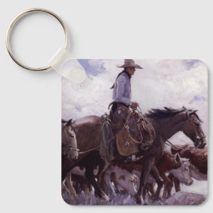 Vintage Cowboy with His Herd of Cattle by Koerner Key Ring