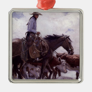 Vintage Cowboy with His Herd of Cattle by Koerner Metal Tree Decoration
