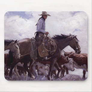 Vintage Cowboy with His Herd of Cattle by Koerner Mouse Mat