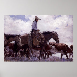 Vintage Cowboy with His Herd of Cattle by Koerner Poster
