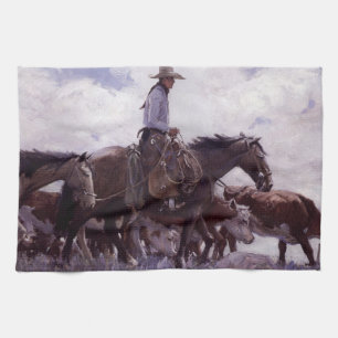 Vintage Cowboy with His Herd of Cattle by Koerner Tea Towel