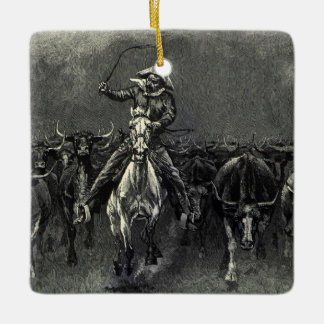 Vintage Cowboys, A Stampede by Frederic Remington Ceramic Tree Decoration