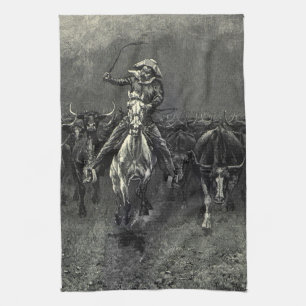 Vintage Cowboys, A Stampede by Frederic Remington Tea Towel