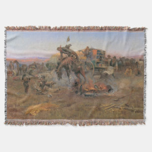 Vintage Cowboys, Camp Cook's Trouble by CM Russell Throw Blanket