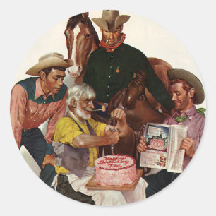 Vintage Cowboys, Happy Birthday Party Tex Classic Round Sticker