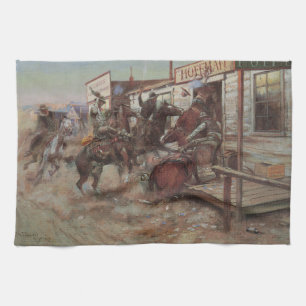 Vintage Cowboys, In Without Knocking by CM Russell Tea Towel