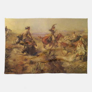 Vintage Cowboys, Jerked Down by CM Russell Tea Towel