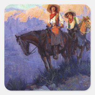 Vintage Cowboys, Man and Woman on Horses, Anderson Square Sticker