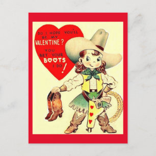 Vintage Cowgirl & Boots 1950's Valentine Postcard