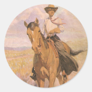 Vintage Cowgirl Cowboy, Woman on Horse by Dunton Classic Round Sticker