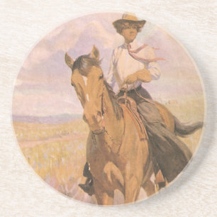 Vintage Cowgirl Cowboy, Woman on Horse by Dunton Coaster