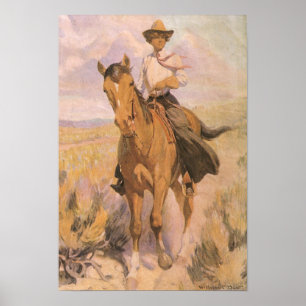 Vintage Cowgirl Cowboy, Woman on Horse by Dunton Poster