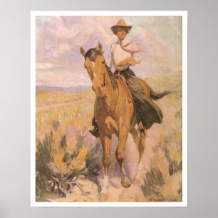 Vintage Cowgirl Cowboy, Woman on Horse by Dunton Poster