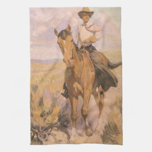 Vintage Cowgirl Cowboy, Woman on Horse by Dunton Tea Towel