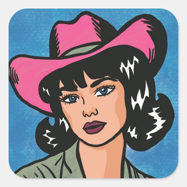 Vintage Cowgirl Hand Drawn Pop Art Square Sticker (Front)