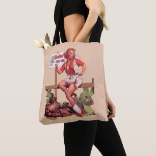 Vintage Cowgirl On Fence with Rodeo Sign Tote Bag