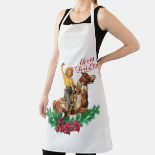 Vintage Cowgirl On Horse Merry Christmas  Apron