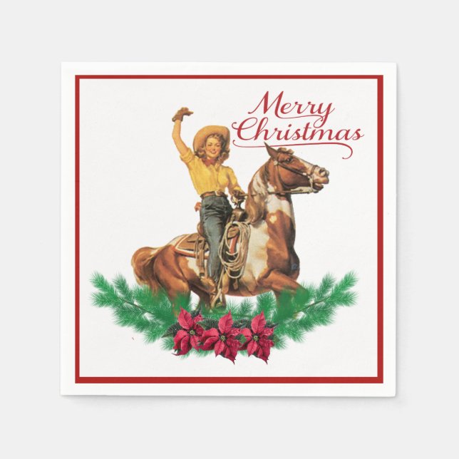 Vintage Cowgirl On Horse Merry Christmas Napkins (Front)