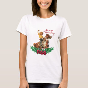 Vintage Cowgirl On Horse Waving Merry Christmas T-Shirt