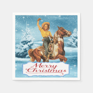 Vintage Cowgirl On Horse Winter Merry Christmas Napkin