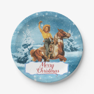 Vintage Cowgirl On Horse Winter Merry Christmas Paper Plate