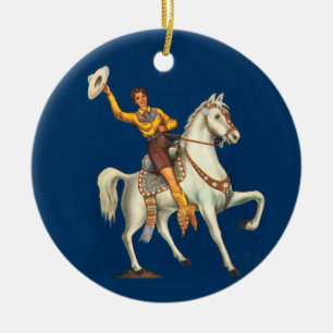 Vintage Cowgirl on Horseback Waving Hat Ceramic Tree Decoration