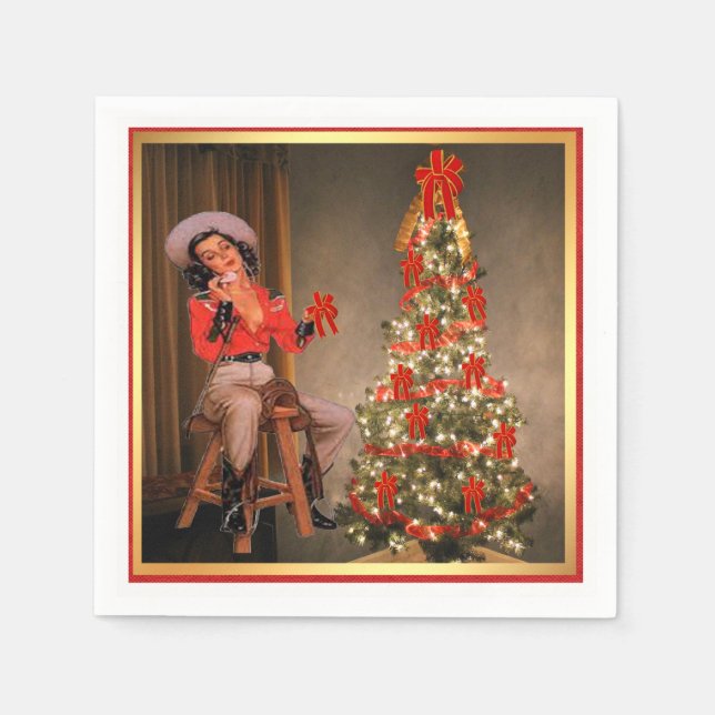 Vintage Cowgirl On Saddle With Christmas Tree Napkin (Front)